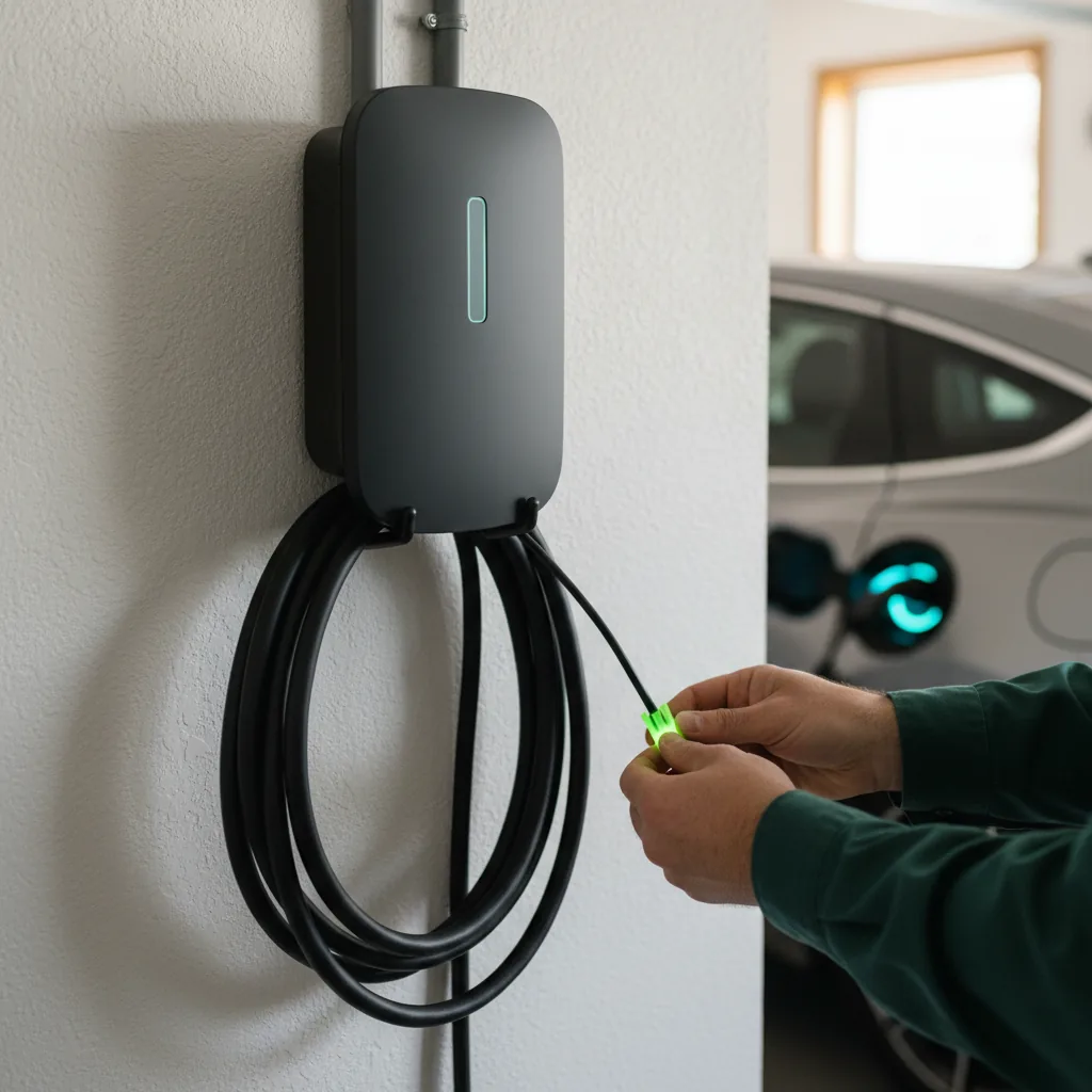 Electrician installing a Level 2 EV charger in a Milwaukee home garage